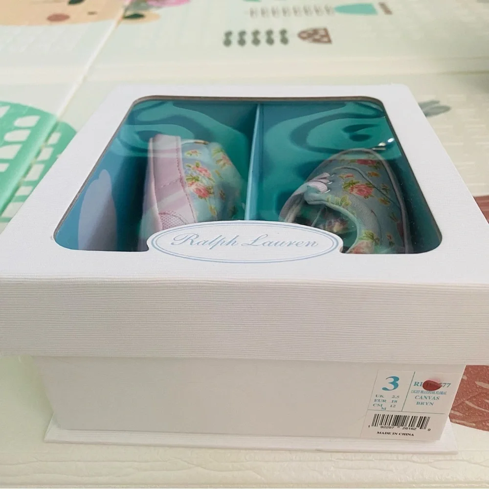 Ralph Lauren Polo Light Blue and Pink Floral Canvas Baby Shoes size 3 GUC